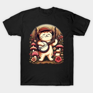 Cute Cottagecore Aesthetic Cat Playing Banjo Mushroom T-Shirt